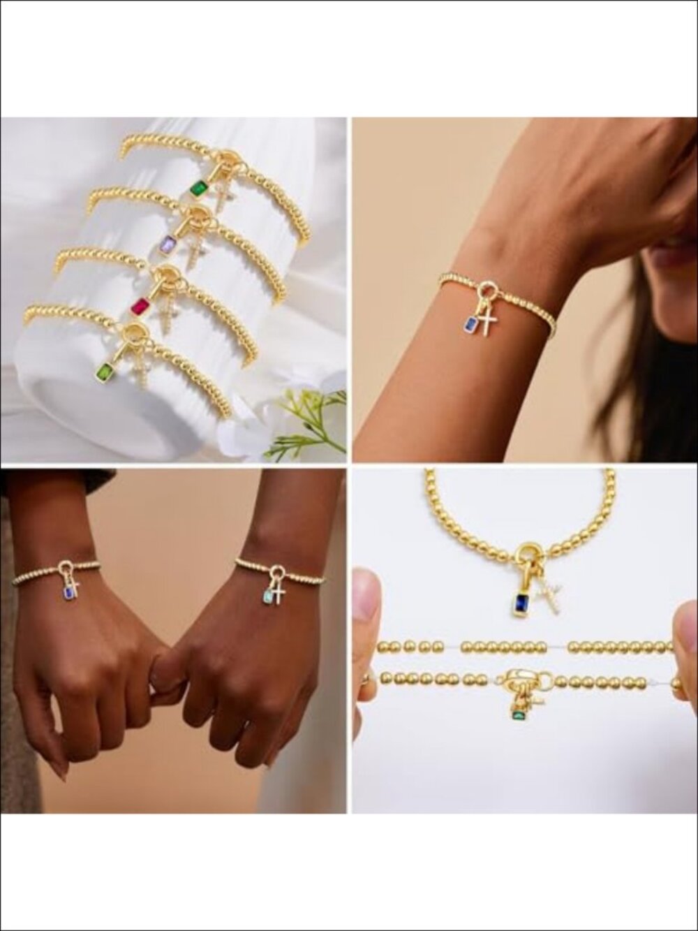 Turandoss Cross Birthstone Bracelet 14K Gold Plated Beaded Charm - Picture 2 of 6